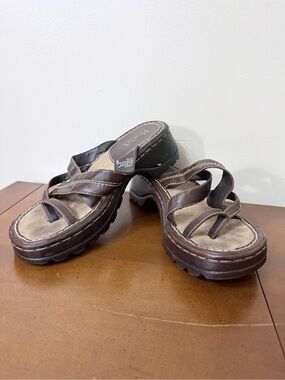 Vintage Y2K Mudd Chunky Platform Wedge Brown Strappy Slip On Sandal 10M Boho